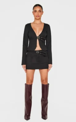 Black Twill Buckle Detail Long Sleeve Top