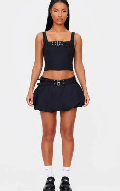 Black Twill Buckle Puff Ball Skirt