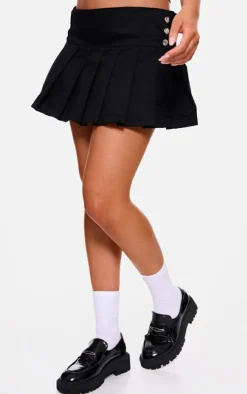 Black Twill Button Detail Box Pleated Mini Skater Skirt