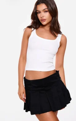 Black Twill Button Detail Box Pleated Mini Skater Skirt