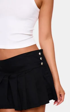 Black Twill Button Detail Box Pleated Mini Skater Skirt