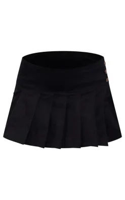 Black Twill Button Detail Box Pleated Mini Skater Skirt