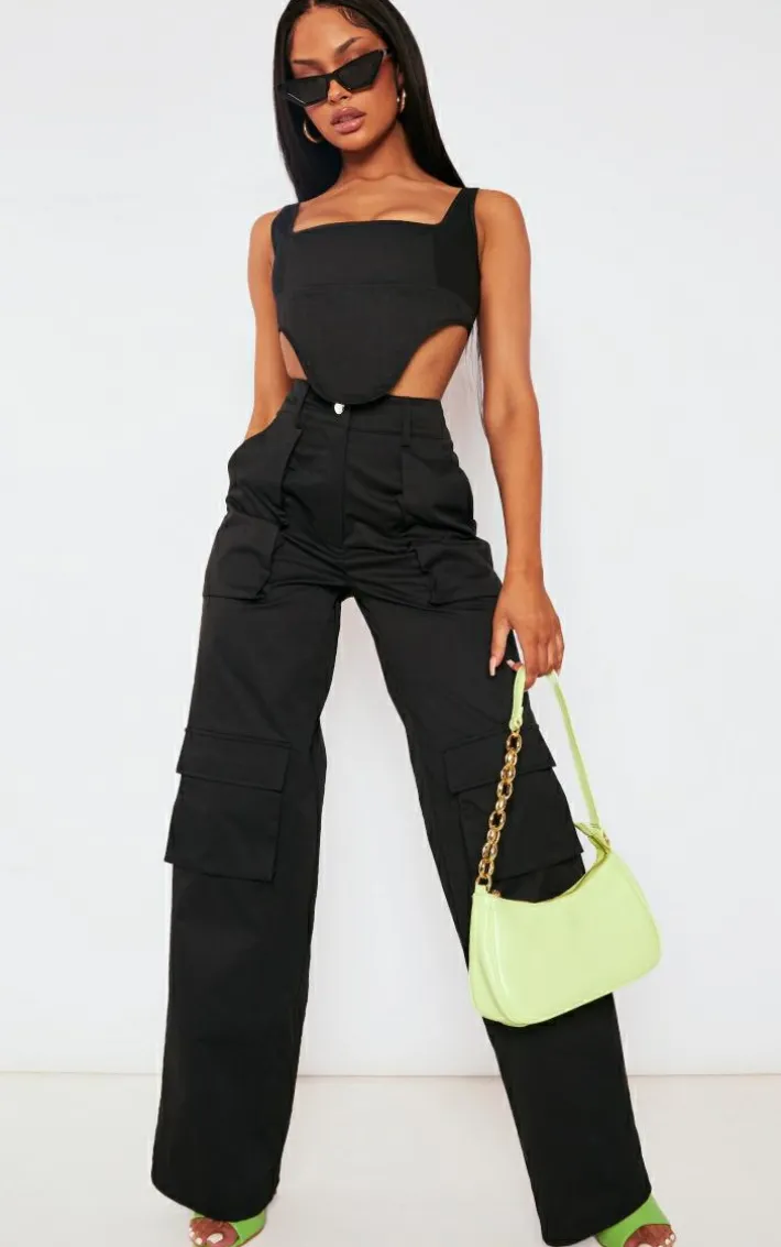 Black Twill Dip Hem Structured Cargo Corset