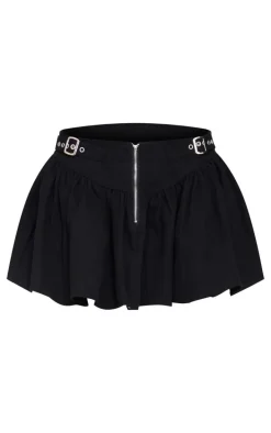 Black Twill Double Buckle Detail Mini Skirt