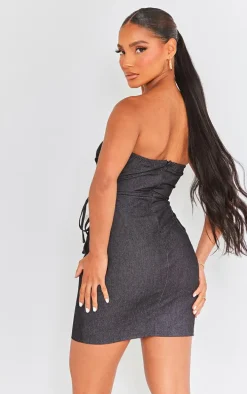 Black Twill Lace Up Bandeau Bodycon Dress