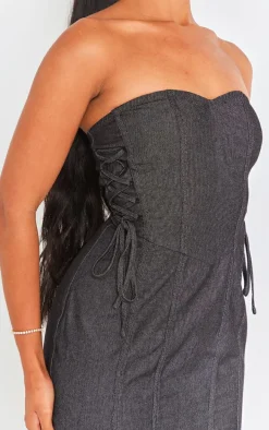 Black Twill Lace Up Bandeau Bodycon Dress