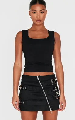 Black Twill Multi Belt Detail Mini Skirt
