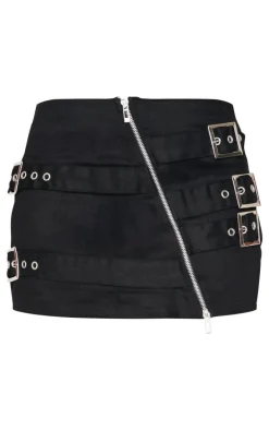 Black Twill Multi Belt Detail Mini Skirt