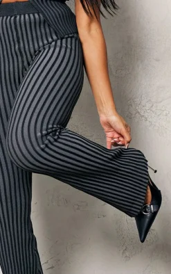 Black Two Tone Knit Flared Pants