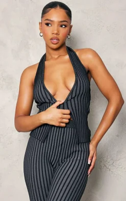 Black Two Tone Knit Halter Neck Split Top