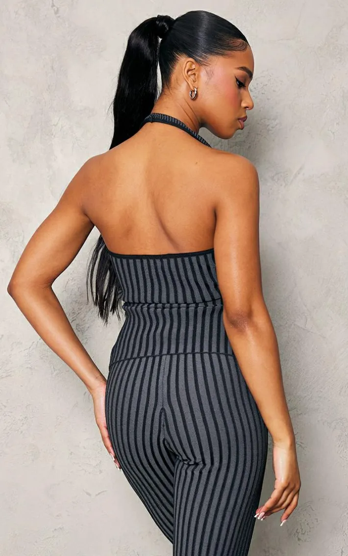 Black Two Tone Knit Halter Neck Split Top