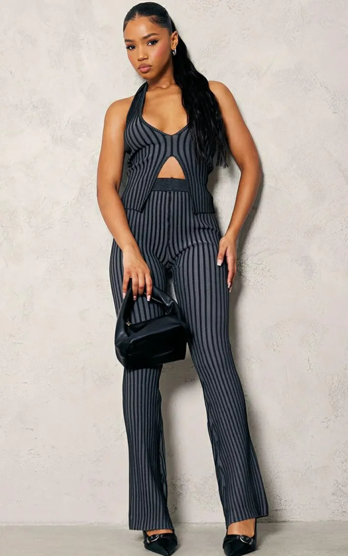 Black Two Tone Knit Halter Neck Split Top