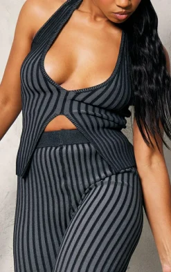 Black Two Tone Knit Halter Neck Split Top