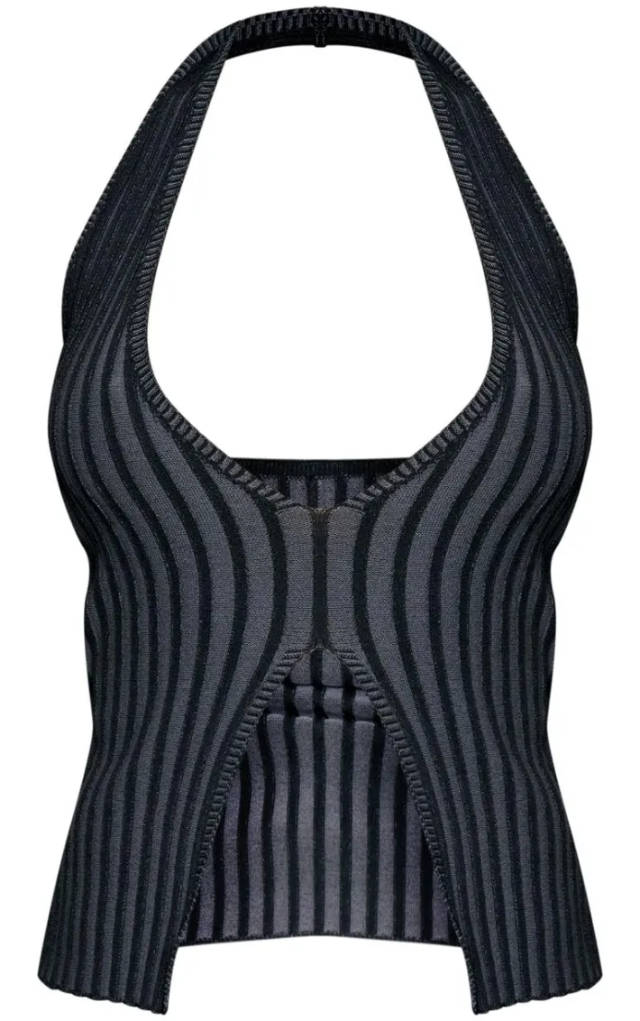 Black Two Tone Knit Halter Neck Split Top