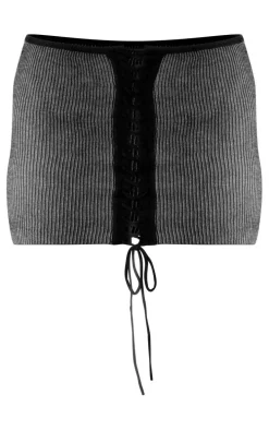 Black Two Tone Knit Lace Up Mini Skirt