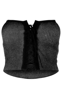 Black Two Tone Knit Lace Up Corset Top