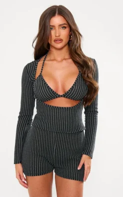 Black Two Tone Rib Long Sleeve Bikini Detail Top