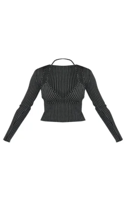 Black Two Tone Rib Long Sleeve Bikini Detail Top