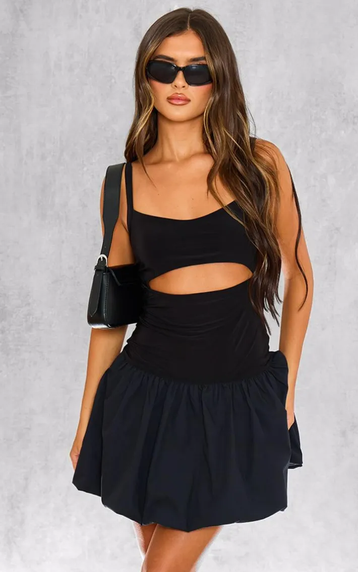Black Underbust Cut Out Puffball Mini Dress