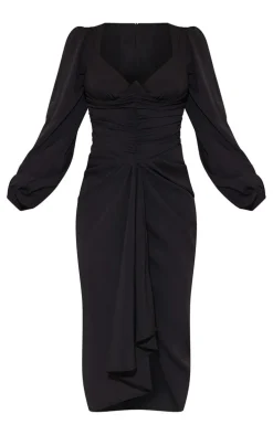 Black Underbust Detail Ruched Midi Dress