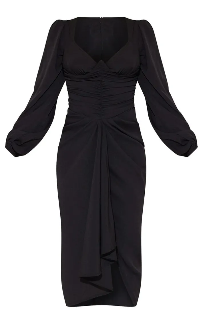 Black Underbust Detail Ruched Midi Dress