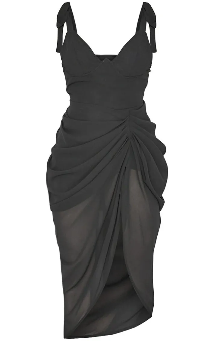 Black Underwire Detail Draped Midi Dress