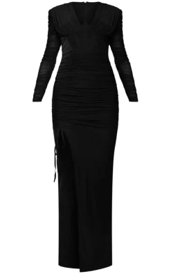 Black Underwire Detail Ruched Mesh Midaxi Dress