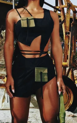 Black Utility Contrast Pocket Detail Mini Skirt