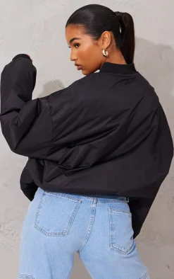 Black Utility Pocket Graphic Front Bomber Jacket