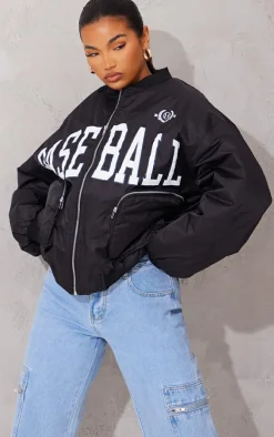 Black Utility Pocket Graphic Front Bomber Jacket