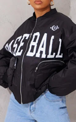 Black Utility Pocket Graphic Front Bomber Jacket