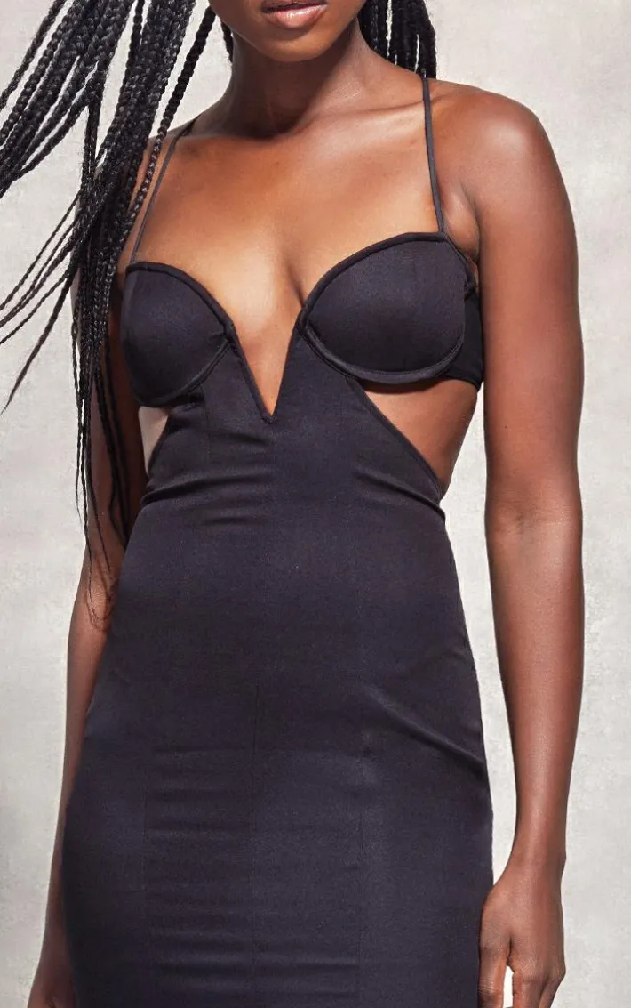 Black V Bar Detail Strappy Open Back Bodycon Dress