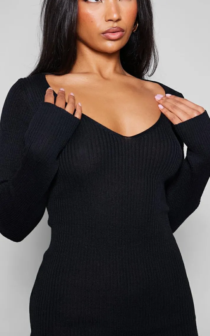 Black V Neck Knit Midi Dress