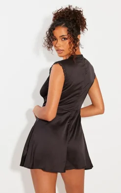 Black V Neck Lace Trim Satin Skort Romper