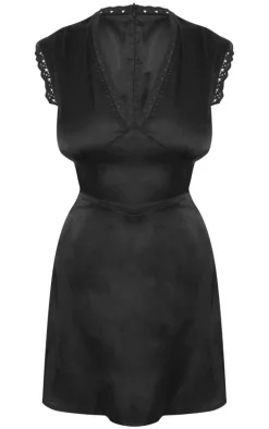 Black V Neck Lace Trim Satin Skort Romper