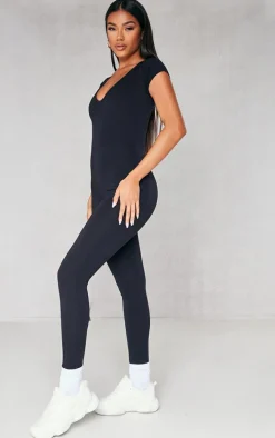 Black V Neck Short Sleeve Jersey Jumpsuit