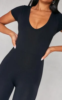 Black V Neck Short Sleeve Jersey Jumpsuit