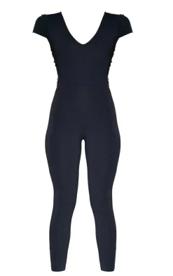Black V Neck Short Sleeve Jersey Jumpsuit