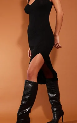 Black V Neck Side Split Knit Midi Dress