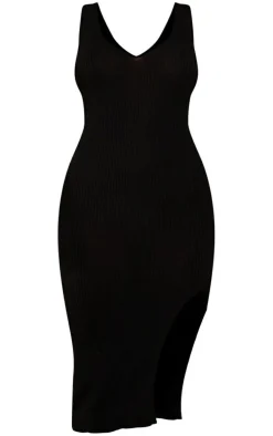Black V Neck Side Split Knit Midi Dress