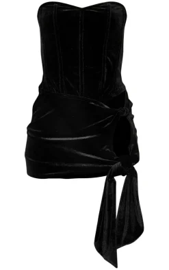 Black Velvet Bandeau Corset Side Tie Mini Dress