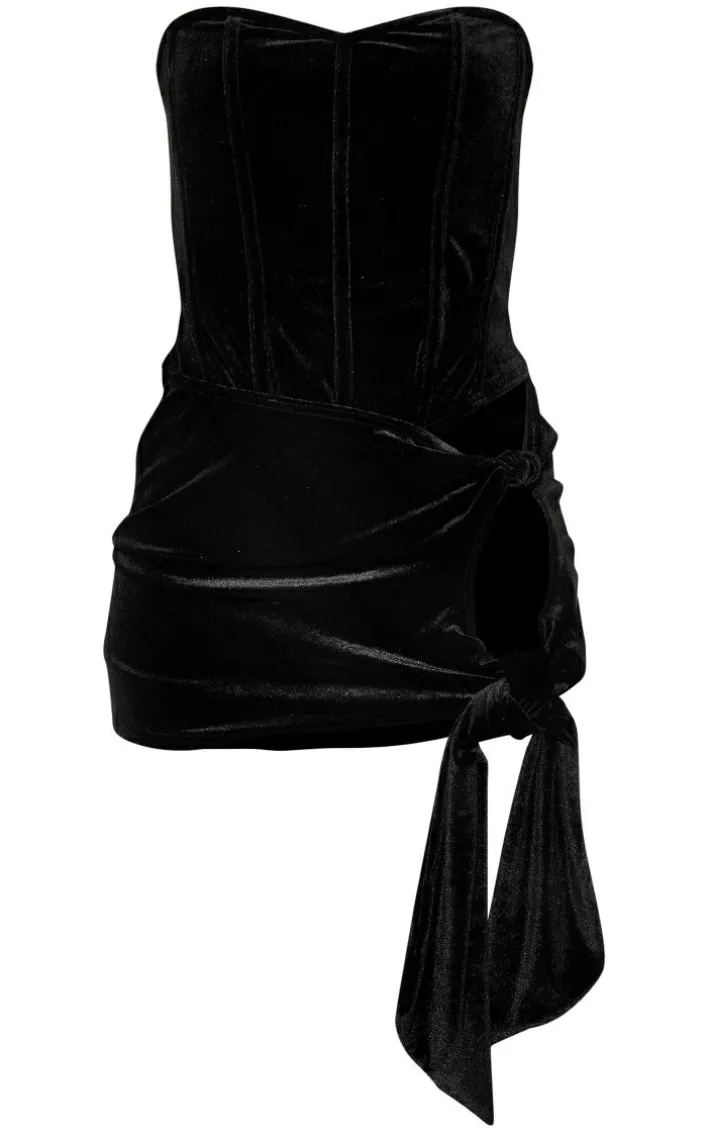 Black Velvet Bandeau Corset Side Tie Mini Dress