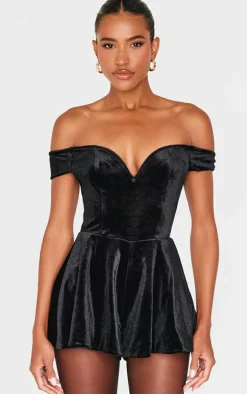 Black Velvet Bardot Sweetheart Neckline Floaty Romper