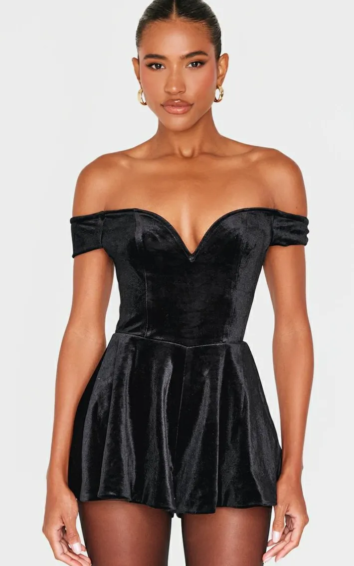 Black Velvet Bardot Sweetheart Neckline Floaty Romper