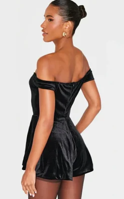 Black Velvet Bardot Sweetheart Neckline Floaty Romper