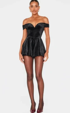 Black Velvet Bardot Sweetheart Neckline Floaty Romper