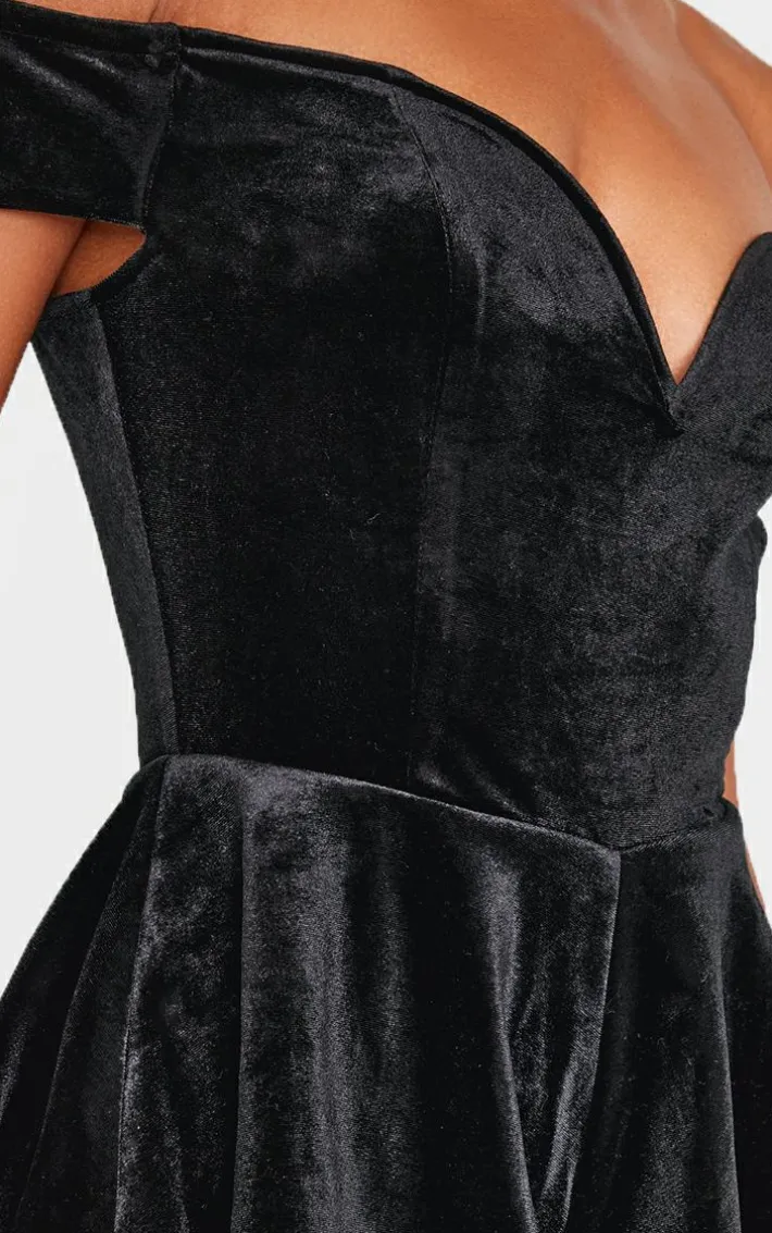 Black Velvet Bardot Sweetheart Neckline Floaty Romper