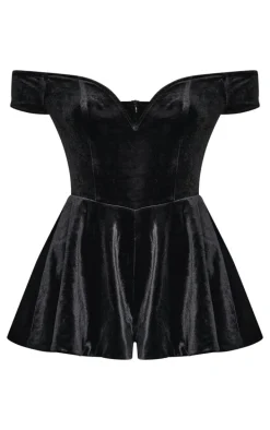 Black Velvet Bardot Sweetheart Neckline Floaty Romper