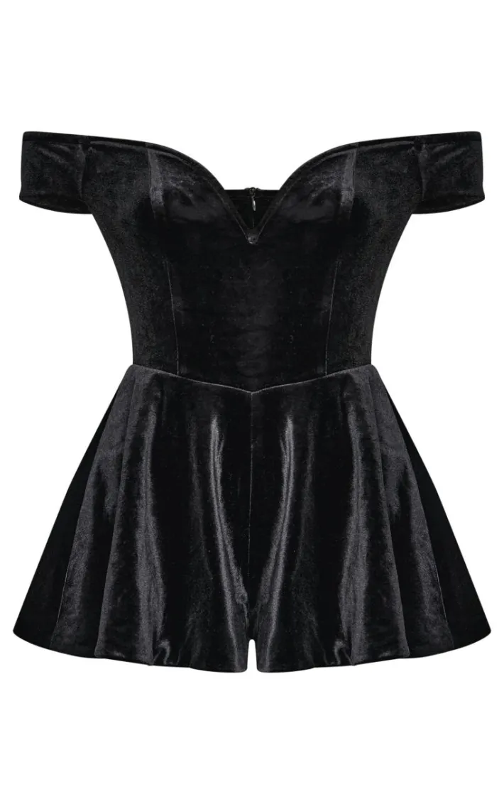 Black Velvet Bardot Sweetheart Neckline Floaty Romper