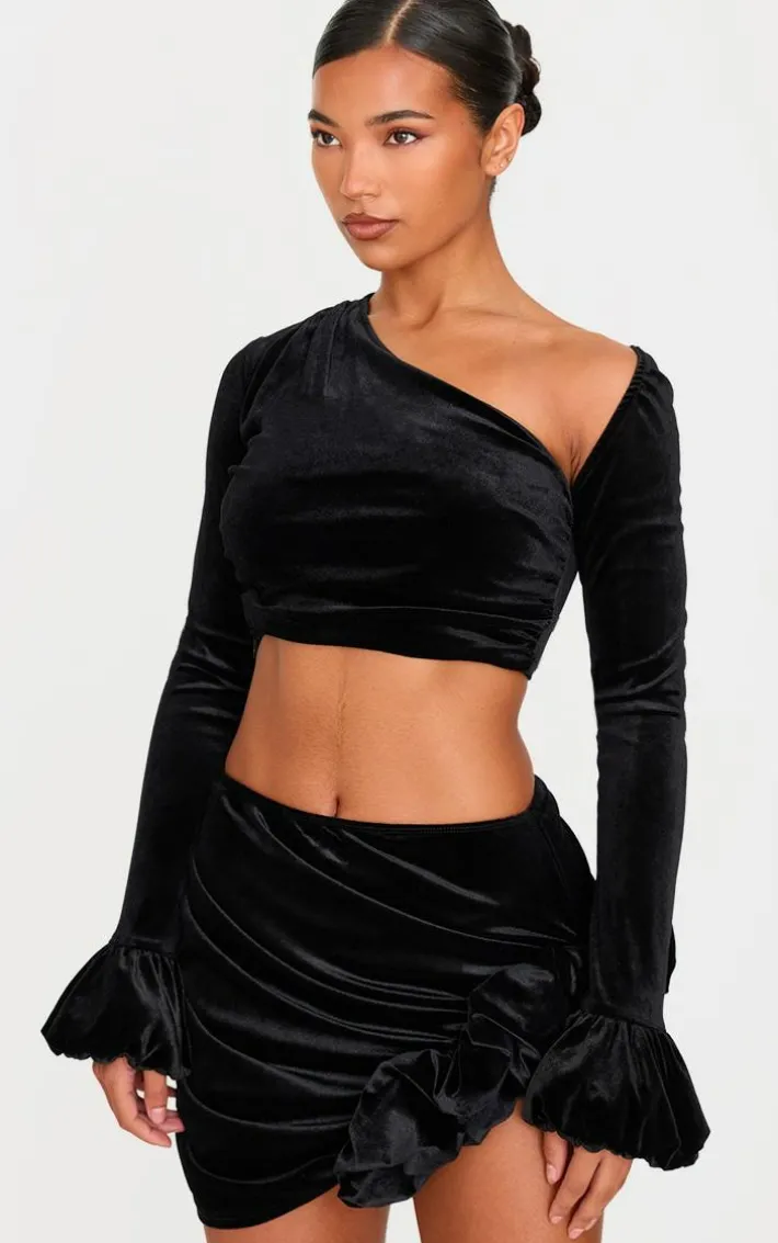 Black Velvet Corsage Detail Mini Skirt